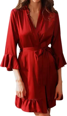 Produktbild von Damen Flanell Bademantel - Weicher, Langer Nachtmantel mit Gürtel, Gemütliche Pyjama-Robe für Damen, Waffel Pique Saunamantel V Ausschnitt Bademantel, Rot