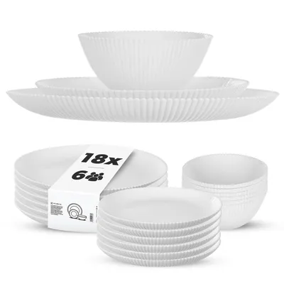 Produktbild von KADAX Geschirrset für 6 Personen, 18-teilig, weiße Tafelservice aus Opalglas mit Suppenschalen, Speisetellern & Desserttellern, Spülmaschinenfest (Weiß)