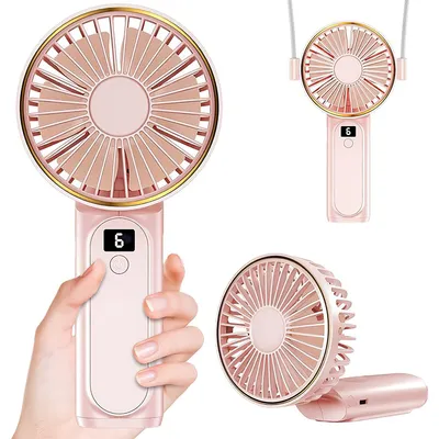 A collage of images showing a pink portable fan in different configurations, including being held by a hand, worn around the neck, and folded.