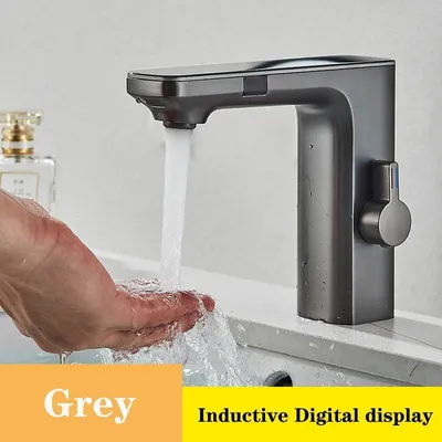 Produktbild von Berührungslose Waschtischarmatur - Sensor Wasserhahn - Digitalanzeige Temperatur - Warm- und Kaltwasser - Einloch Deckmontage - Grau