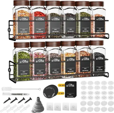 Produktbild von 2er Set Gewürzregal ohne Bohren Hängend mit 12 Gewürzgläsern aus Holz