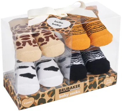 Produktbild von Brubaker 4 Paar Babysocken Jungen Mädchen 0-12 Monate - Baby Geschenkset für Neugeborene in Geschenkverpackung mit Schleife - Weihnachtssocken, Sneakersocken, Tiersocken und niedliche Socken Motive