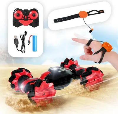 Produktbild von Offroad-RC-Auto 1:16 mit Gestensteuerung und Fernbedienung – Wiederaufladbares Stuntauto mit LED-Beleuchtung – 360°-Drehungen, Drifts und Überschläge – Schwarz/Rot – Spielzeugauto für Kinder