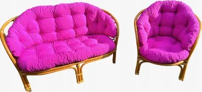 A set of rattan furniture cushions in fuchsia color.