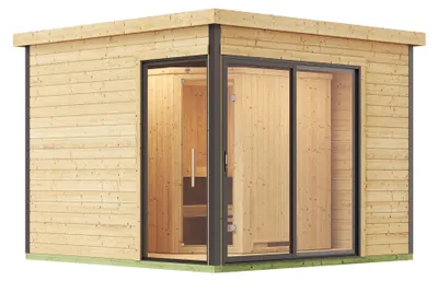 Productafbeelding van Saunahuis Weka 412, inclusief 9 kW oven en geïntegreerde bediening, met een volledig glazen deur in grafietkleur