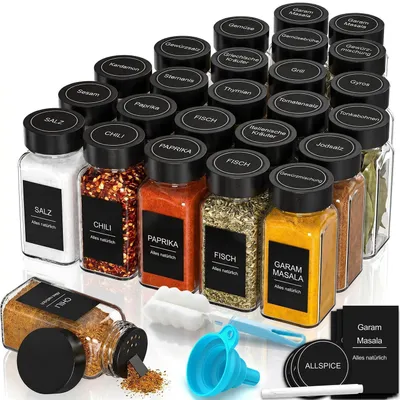 Produktbild von Gewürzgläser Set 24 Gläser 120ml mit Streueinsatz & 240 Etiketten, luftdicht, eckig