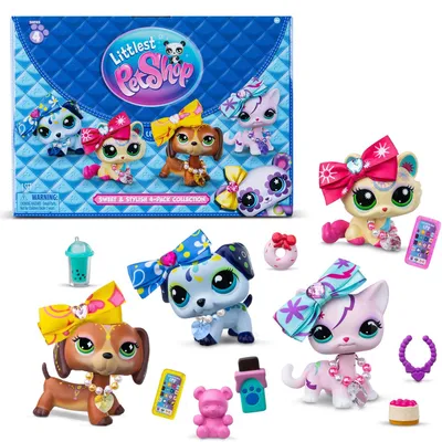 Zdjęcie produktu dla Zestaw Littlest Pet Shop "Słodki i Stylowy" zawierający 4 figurki, w tym 1 rzadką, ekskluzywną figurkę oraz akcesoria do stylizacji