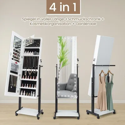 Image de Armoire à bijoux sur roulettes Armoire à miroir 4 en 1 avec lumières LED 3 couleurs et hauteur réglable blanc