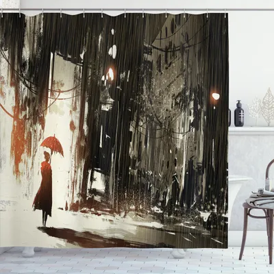 Produktbild von ABAKUHAUS Fantasie Duschvorhang, Frau mit Regenschirm in der Regen-alten Stadt ruiniert Apocalypse-Superheld-Aktion Desgin, 175 x 200 cm, Armeegrün Beige