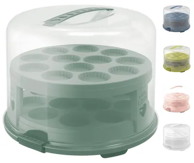 Produktbild von Kuchenglocke/Muffinbox – Für 24 Muffins – Mit 2 Tabletts – 35,5 x 34,5 x 26 cm – Türkis und transparent
