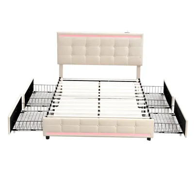 Produktbild von Flieks Polsterbett 140x200cm, Doppelbett mit 2 USB und 4 Schubladen, Stauraumbett Jugendbett mit Lattenrost und Led, Funktionsbett Massivholzbett, Leinen, Beige