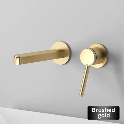 Immagine prodotto di Miscelatore per lavabo – Montaggio a parete – Miscelatore per bagno – Monocomando – Acciaio inossidabile – Cartuccia in Vetroceramica – Finitura oro spazzolato