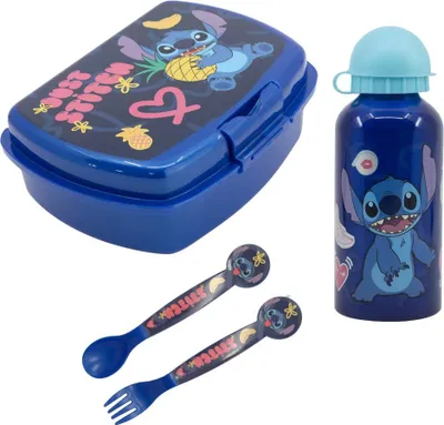 Produktbild von Disney Stitch 4 tlg. Lunch Set Brotdose Alu-Trinkflasche 400 ml Besteck