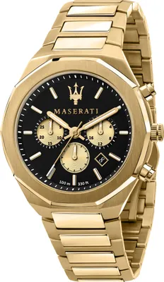 A close-up studio shot of a gold Maserati chronograph watch with a black dial.
