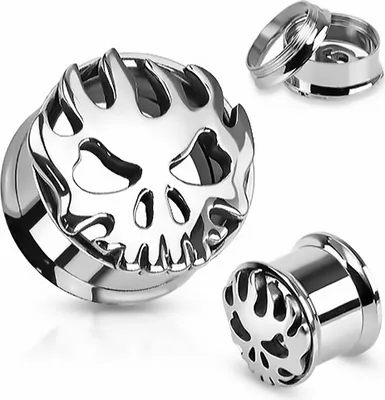 Produktbild von Flesh Tunnel Totenkopf Skull Flammen Edelstahl Ohr Piercing Ohrstecker Screw Fit  20 mm