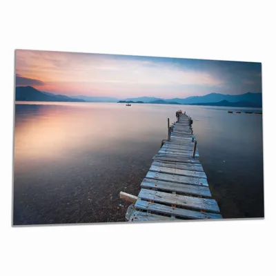 Produktbild von Wallario Herdabdeckplatte aus Glas, Größe 80 x 52 cm 1-teilig, Motiv Steg am See- Idylle bei Sonnenuntergang