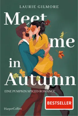 A couple embracing and kissing with autumn leaves falling around them, on a dark green background.