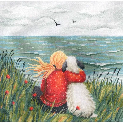 Obrázek produktu pro Vyšívací sada RTO „Dívka a pes u moře“, vzor s čísly, 21,5 × 22 cm