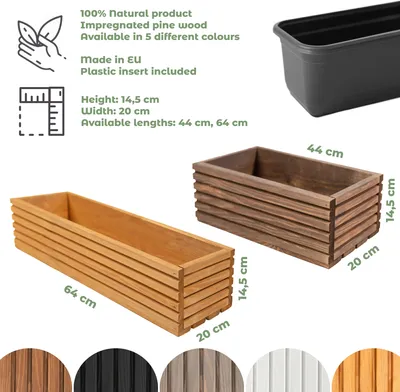 Produktbild von Blumenkasten aus Holz | Pflanzkasten | Blumentopf 64 x 20 x 14,5cm | Kräutertopf | Topf mit Kunststoffeinsatz | Imprägniert | Hellbraun
