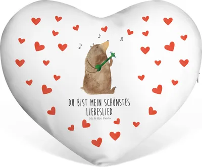 Produktbild von Mr. & Mrs. Panda Sofakissen Bär Lied - Weiß - Geschenk, Herzkissen, Valentinstag, Liebe, Frau, Dekokissen, dekoartikel, Kuschelkissen, Teddy, Freundin, Herz Kissen