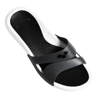 A single black and white Arena slide sandal is shown from a slightly elevated angle against a white background.