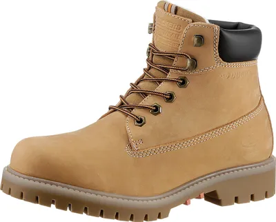 A single tan work boot is shown against a white background.