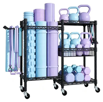 Obrázok produktu pre Regál na činky s kolieskami a úložným priestorom pre fitness vybavenie