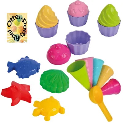 Produktbild von Sandspielzeug: 4 Sandförmchen + 5 Eistüten + 1 Portionierer + 8tlg. Cup Cake Set