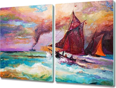 Produktbild von Coloray Herdabdeckplatte 2x40x52 cm Schneidebrett Kochplattenabdeckung Küchenbrett Hackbrett - Meereswellen Schiffe