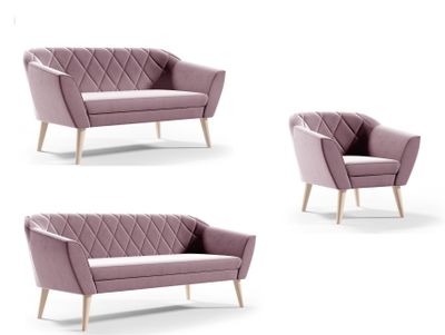 Couchgarnitur Rosa Wohnzimmerset 3+2+1 Sitzer Samt Hohe Holzfüße Buche