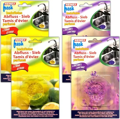 Produktbild von 4er Set Abflusssieb Waschbecken mit Duft | Ablaufsieb Spülbecken Zitrone Lavendel| Spülbeckensieb Küche Bad | Haarsieb Siebkorb Abfluss Kunststoff