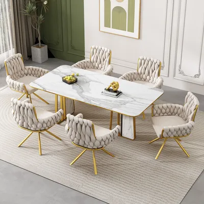 Productafbeelding van okwish Draaistoel (set van 6)360° draaibaar, relaxstoel met rugleuning, ergonomische relaxstoel, tv-stoel, gestoffeerde stoel met metalen poten, beige