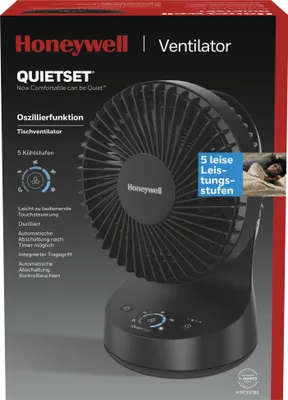 The image shows the packaging of a Honeywell QuietSet ventilator. The packaging is mostly black and features an image of the fan itself. There is also a small inset image of a person sleeping, presumably to highlight the quietness of the fan.