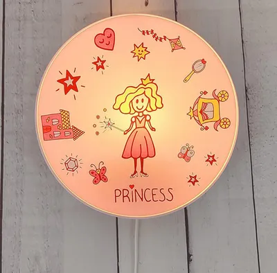 Produktbild von Kleine LED Wandlampe Kinderzimmer, Motiv Prinzessin, mit Schalter, flach Ø 25cm