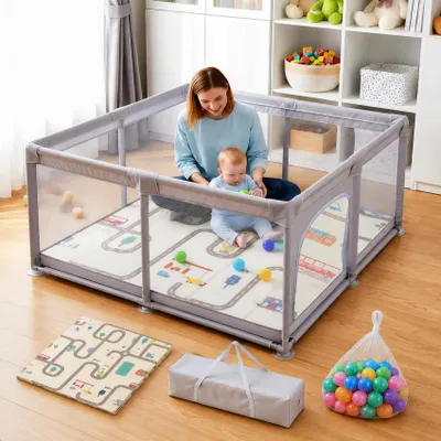 Produktbild von Laufstall Baby, Laufstall 120x120cm, Laufgitter Baby mit Matratze, Laufgitter 600D Oxford Gewebe, Playpen mit Atmungsaktivem Netz, 50 Ozeanbällen,Grau