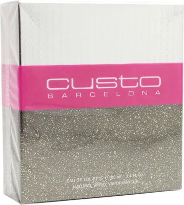 Rechteckige Custo Barcelona Parfumverpackung mit Glitzereffekt, pinkem Band in der Mitte und glänzendem weißen Oberteil.