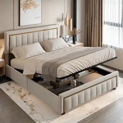 Produktbild von ProximaX Polsterbett , hydraulisches Boxspringbett 140x200cm mit Lattenrost und Stauraum, Doppelbett Holzbett Jugendbett Kunstleder, Beige