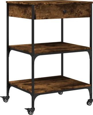 A three-tiered rolling cart with a drawer on top, made of wood-look material and black metal frame, shown against a white background.
