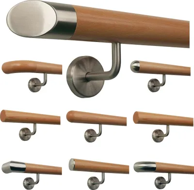 Produktbild von TIBU Buche Holz Handlauf Geländer 0,3m - 5m, Länge 300 cm, schräges Edelstahlendstück und 4 gewinkelte Halter