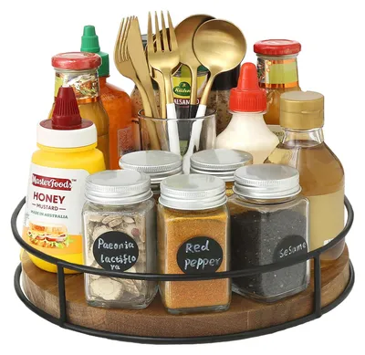 Produktbild von Drehbarer Gewürzständer aus Holz mit Drehteller, Küchenorganizer, Drehteller für Schrank, Kühlschrank oder Arbeitsplatte (Holzfarbe, 23 cm)