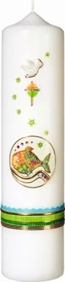 Produktbild von Taufkerze Fisch, Kreuz und Taube 25 x 6 cm mit Namensverzierung und Geschenkkarton