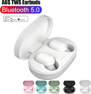A product image showcasing white wireless earbuds in an open charging case, with multiple color options displayed below.