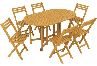 Image de Ensemble de jardin en bois avec table extensible et 6 chaises pliantes. Couleur : bois naturel | Dimensions : 150 x 90 x 74 cm