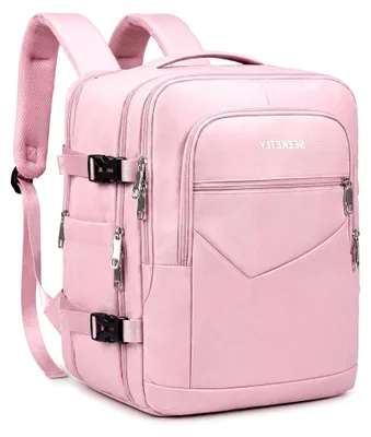 Produktbild von Handgepäck Rucksack Flugzeug 40x30x20 Erweiterbar bis 40x30x25 für Ryanair, Eurowings, Transavia, Wizz Air, Vueling 24L-30L, Reiserucksack für 15,6 Zoll Laptops Rosa