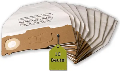 A fan of vacuum cleaner bags, with a green tag in front that says '10 Beutel'.