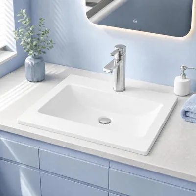 Immagine prodotto di Lavabo – Semincasso, lavabo da appoggio angolare – Vetroceramica – Un foro per rubinetto – 53 x 46 cm – Bianco