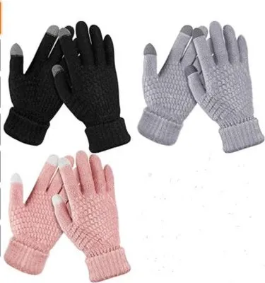 Produktbild von Paar Damen-Winterhandschuhe mit Touchscreen, warme, mit Fleece gefütterte Strickhandschuhe, elastische Manschette, Winter-SMS-Handschuhe