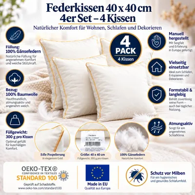 Produktbild von 4er Set Federkissen 40x40 cm 300 g 100% Gänsefedern Baumwolle