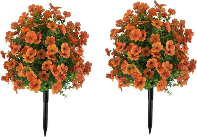 Immagine prodotto di Cespuglio di fiori artificiali - Set da 2 con picchetto - Per esterni - Plastica - Design a ramo - Per veranda e giardino - Arancione