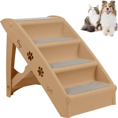 Produktbild von JOIEYOU Faltbare Haustiertreppe für Hunde 4 Stufen Katzentreppe mit rutschfeste Filz Matte Hundetreppe Kunststoff Tragbare Haustiere Treppen für Bett Sofa Auto Hunderampe für 75KG Hunde/Katze (Braun)